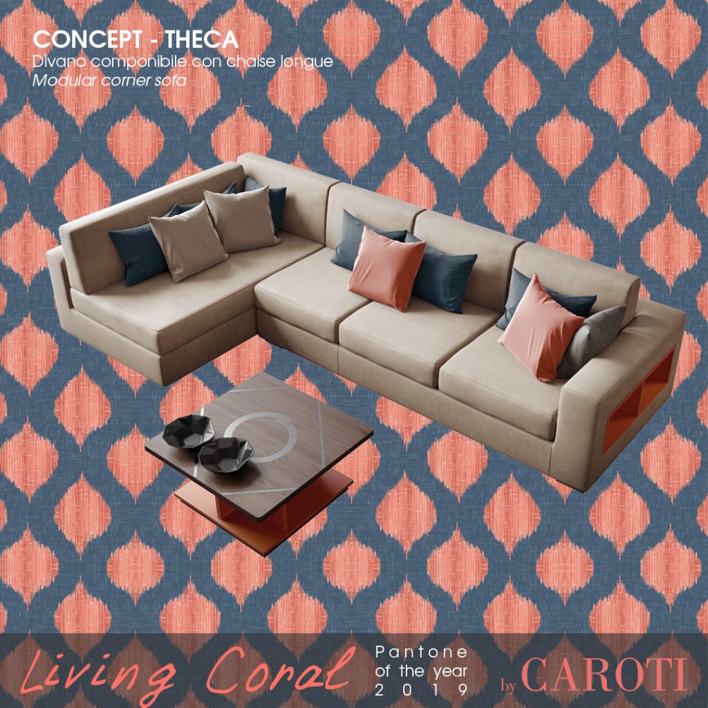 Pantone Living Coral color of the year 2019 palette blue navy concept by caroti living sofa theca