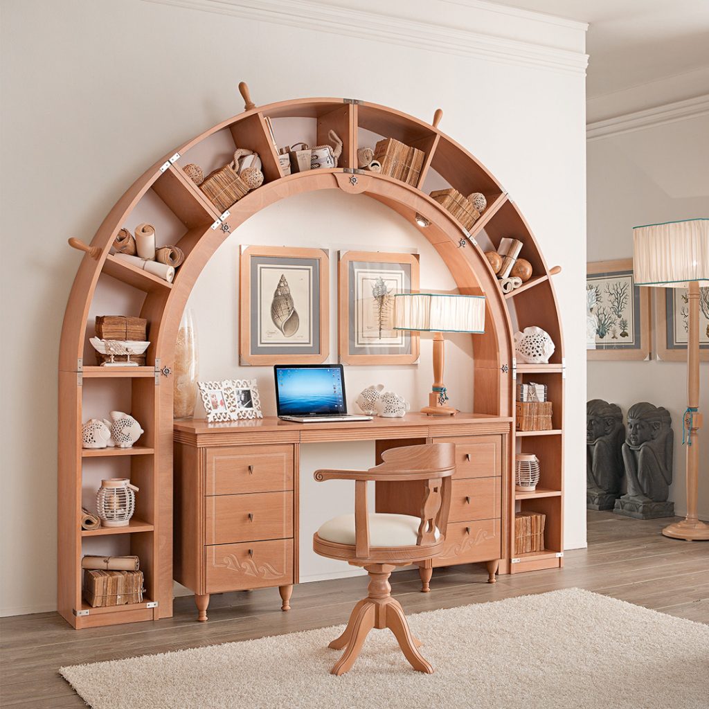 arched bookcase above desk